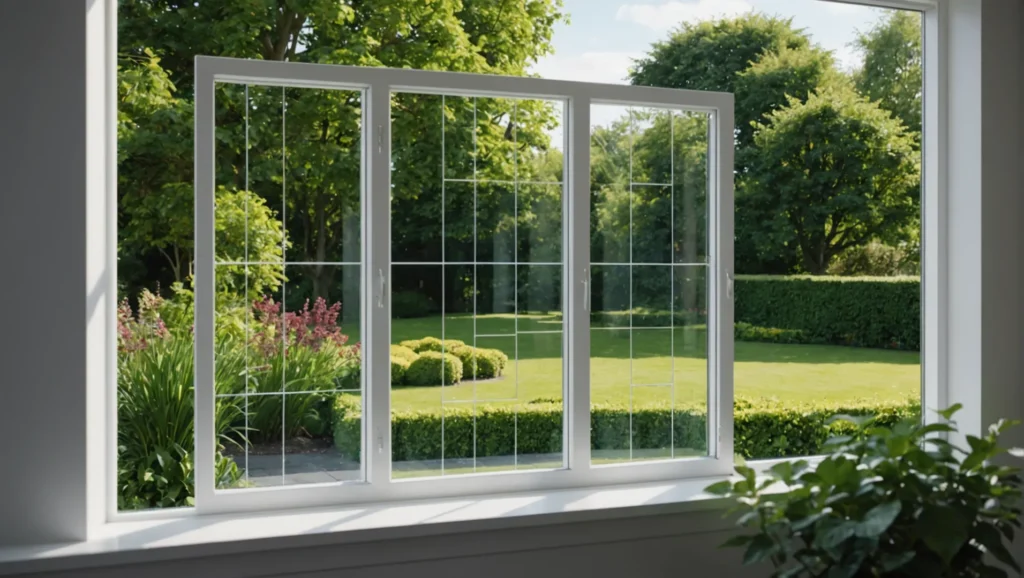 Double glazed window with a view of a serene garden outside.