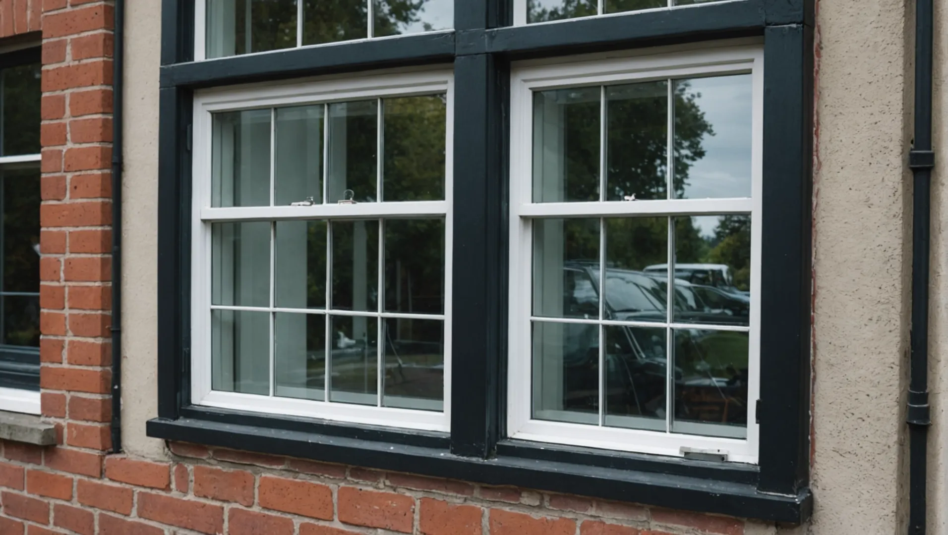 Close-up of double glazed windows showing two glass panes with a spacer filled with argon gas.
