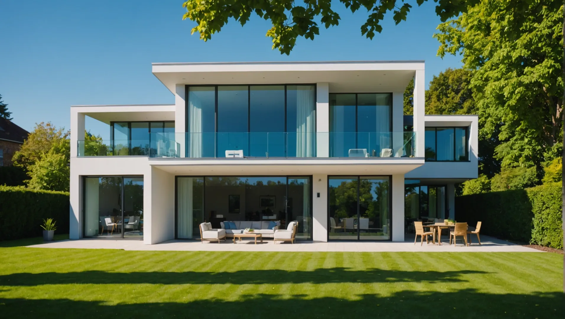 A modern house with large double glazed windows reflecting sunlight
